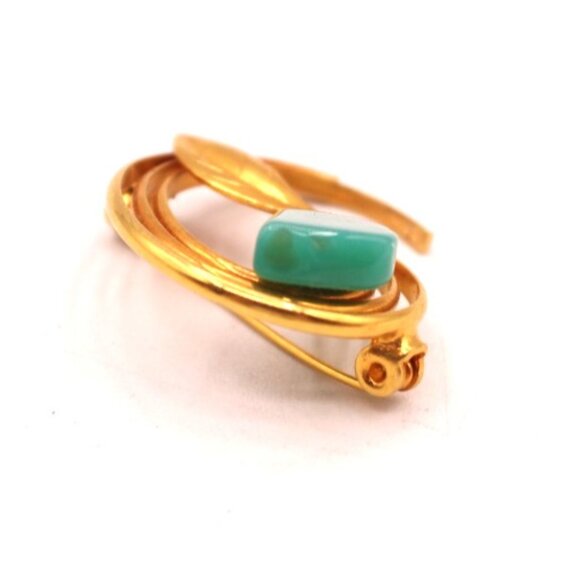 Vintage Leaf Brooch Pin Faux Turquoise Glass Cabochon Unsigned MCM Pc Gold Tone - Picture 5 of 9